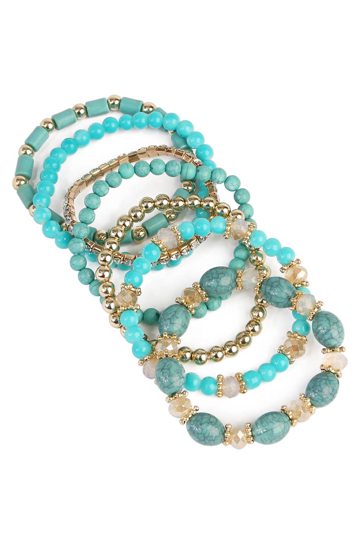 Set of turquoise beaded bracelets with gold accents on a white background