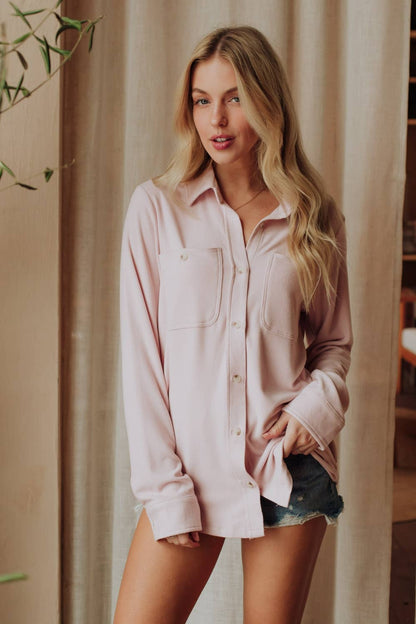 Women's blush pink relaxed fit button-up shirt