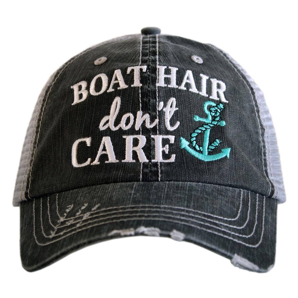 Black and gray cap with 'Boat Hair Don't Care' text and anchor graphic on a white background