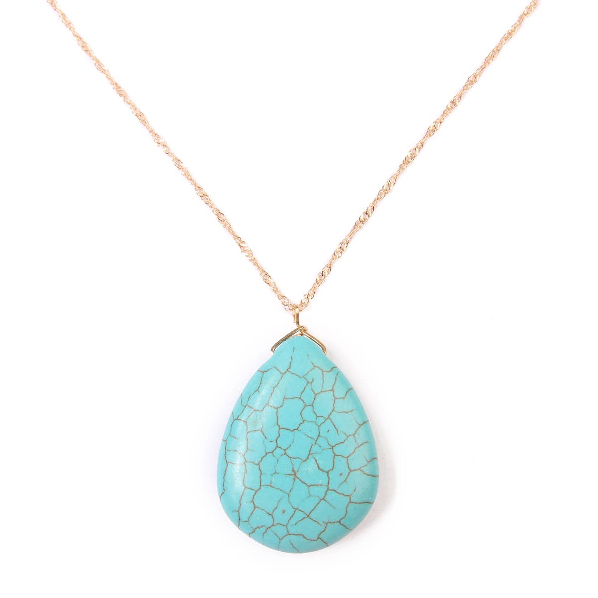 Turquoise teardrop pendant necklace on a white background