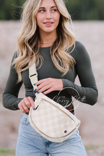 Beige Checkered Moon Belt Bag | Stylish Neutral Crossbody