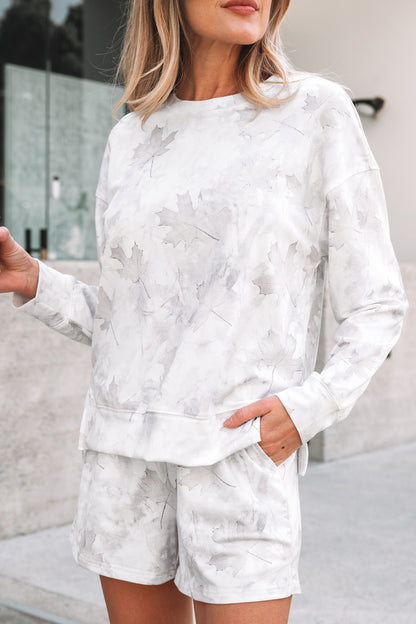 Beige Camo Lounge Set – Pullover Top & Elastic Waist Shorts Set