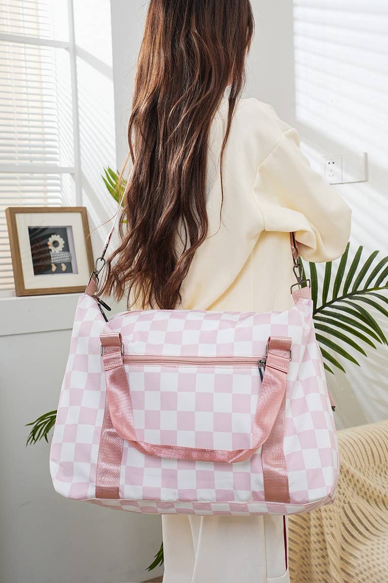 pink checkered weekender duffle travel bag with shoulder strap