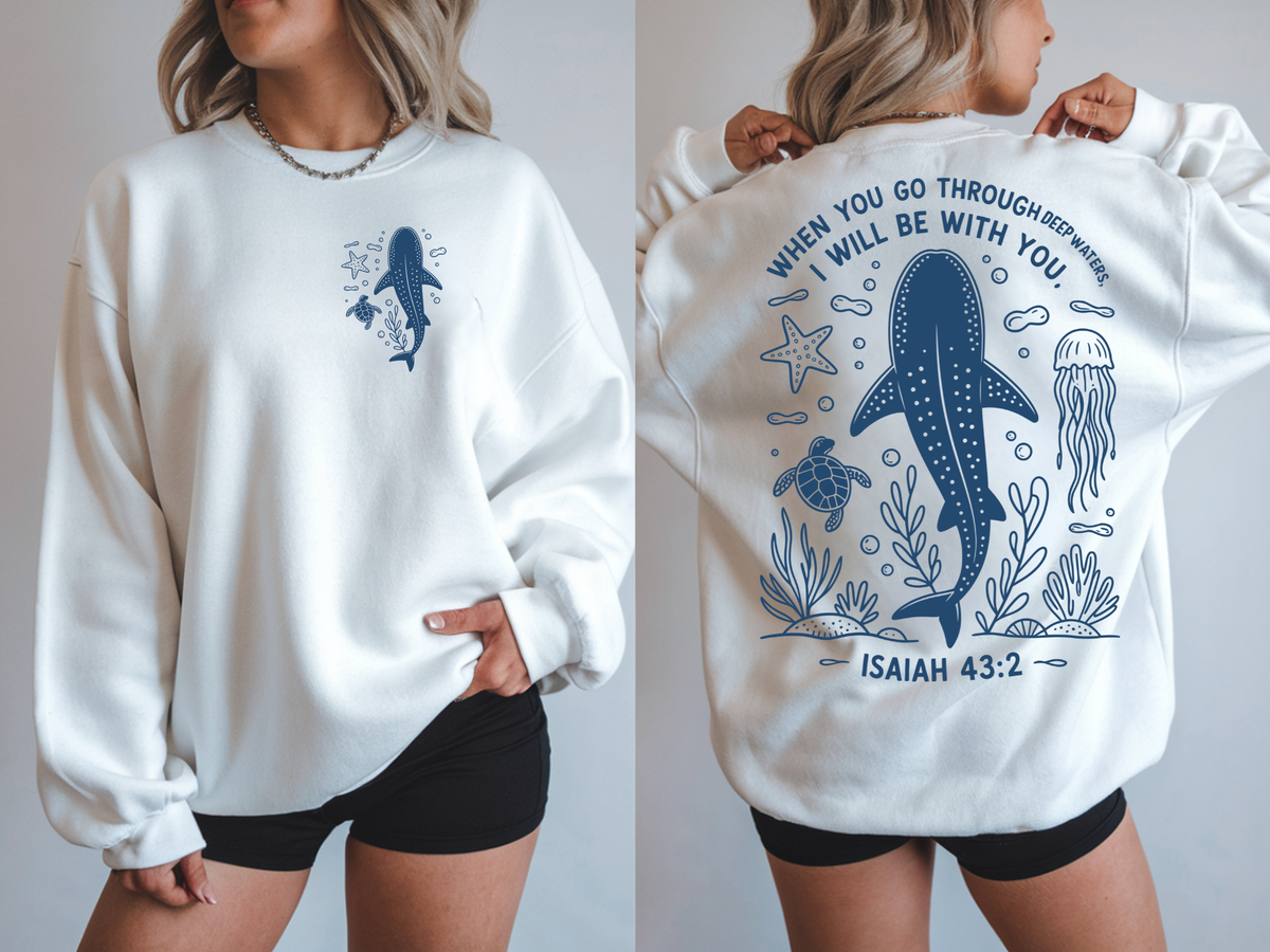 The PS Collective Deep Water Sweatshirt — original ocean nautical graphic crew neck sweatshirt in white, front and back view