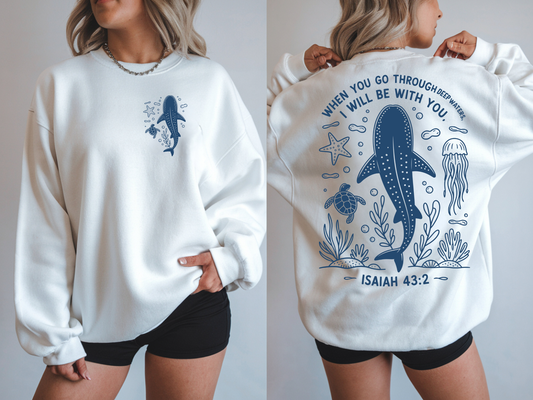 The PS Collective Deep Water Sweatshirt — original ocean nautical graphic crew neck sweatshirt in white, front and back view