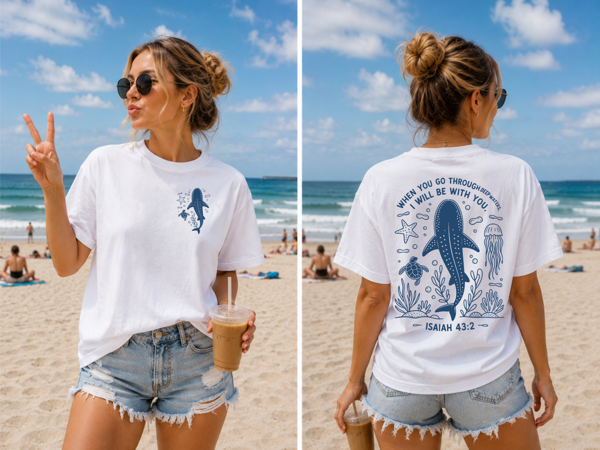 The PS Collective Deep Water Tee — original ocean nautical graphic tee in white, front and back view at the beach