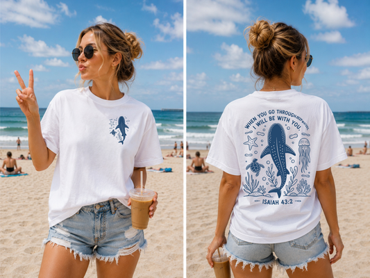 The PS Collective Deep Water Tee — original ocean nautical graphic tee in white, front and back view at the beach