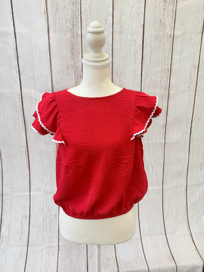 The PS Collective Flutter Airflow Top styled — women's lightweight ruffle sleeve top with contrast trim detail