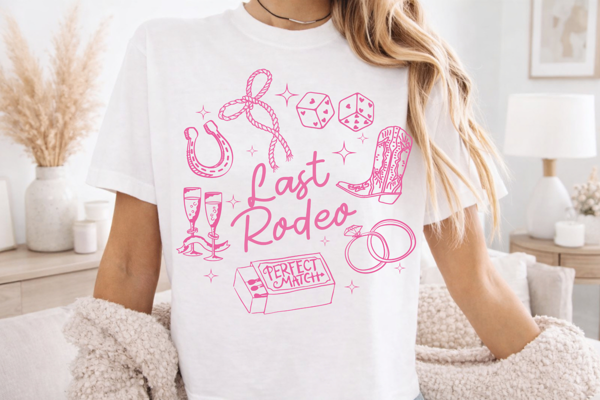 The PS Collective Last Rodeo Tee mockup — pink cowgirl graphic DTF print on ivory and white bachelorette tee