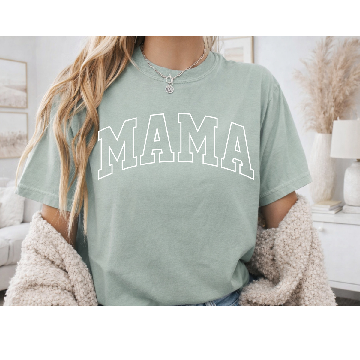 The PS Collective "Mama" Bold Graphic Tee mockup — bold block letter DTF print design on Comfort Colors Bay unisex tee