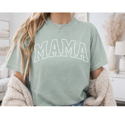 The PS Collective "Mama" Bold Graphic Tee mockup — bold block letter DTF print design on Comfort Colors Bay unisex tee