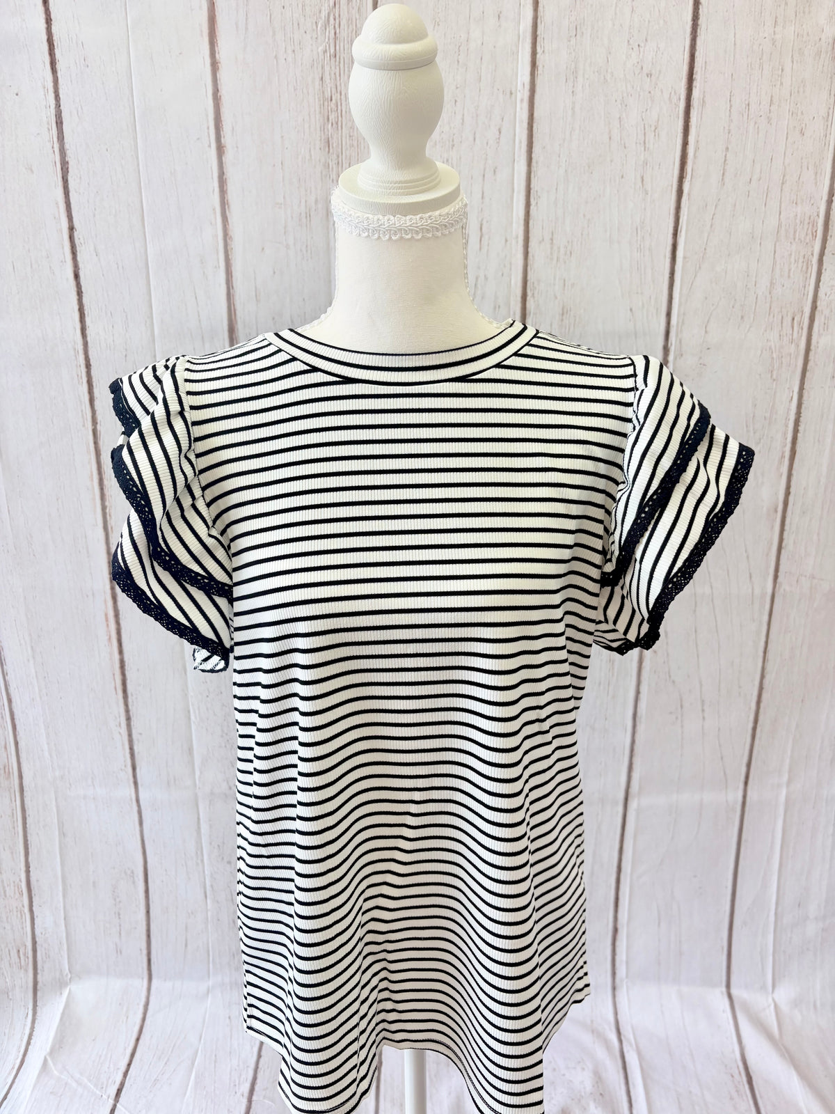 The PS Collective Coastal Ruffle Striped Top — women's striped cap ruffle tiered sleeve blouse