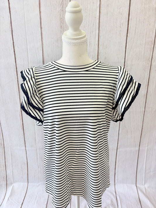 The PS Collective Coastal Ruffle Striped Top — women's striped cap ruffle tiered sleeve blouse