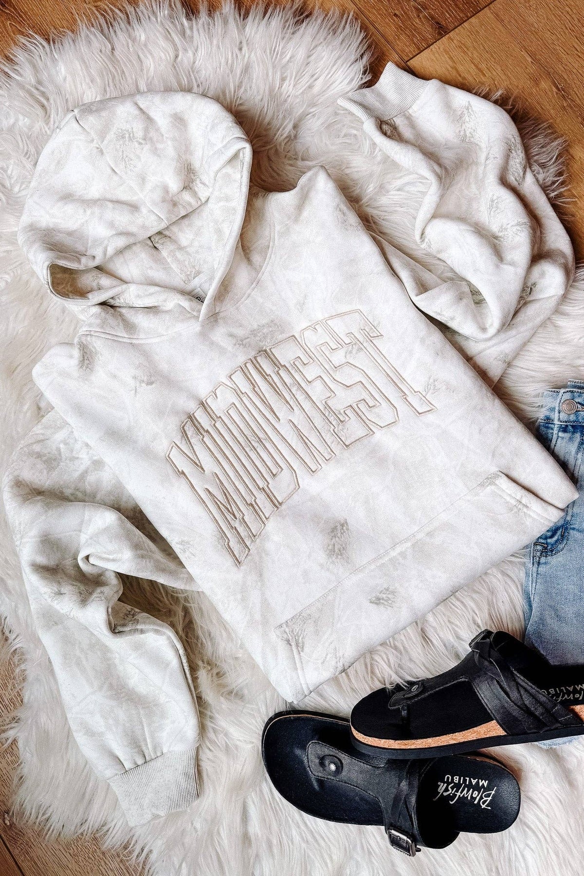 White birch camo Midwest hoodie styled with casual boutique outfit